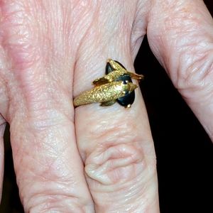 10K Yellow Gold, Onyx, & Sapphire Dolphin Ring